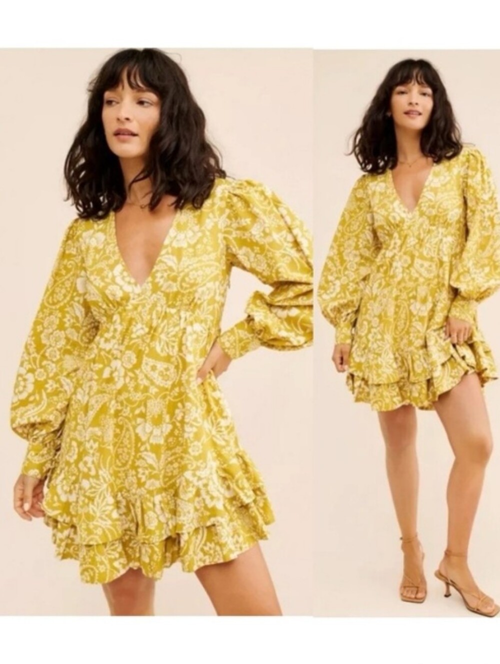 Maeve Mustard Yellow Floral V-Neck Ruffle Mini Dress